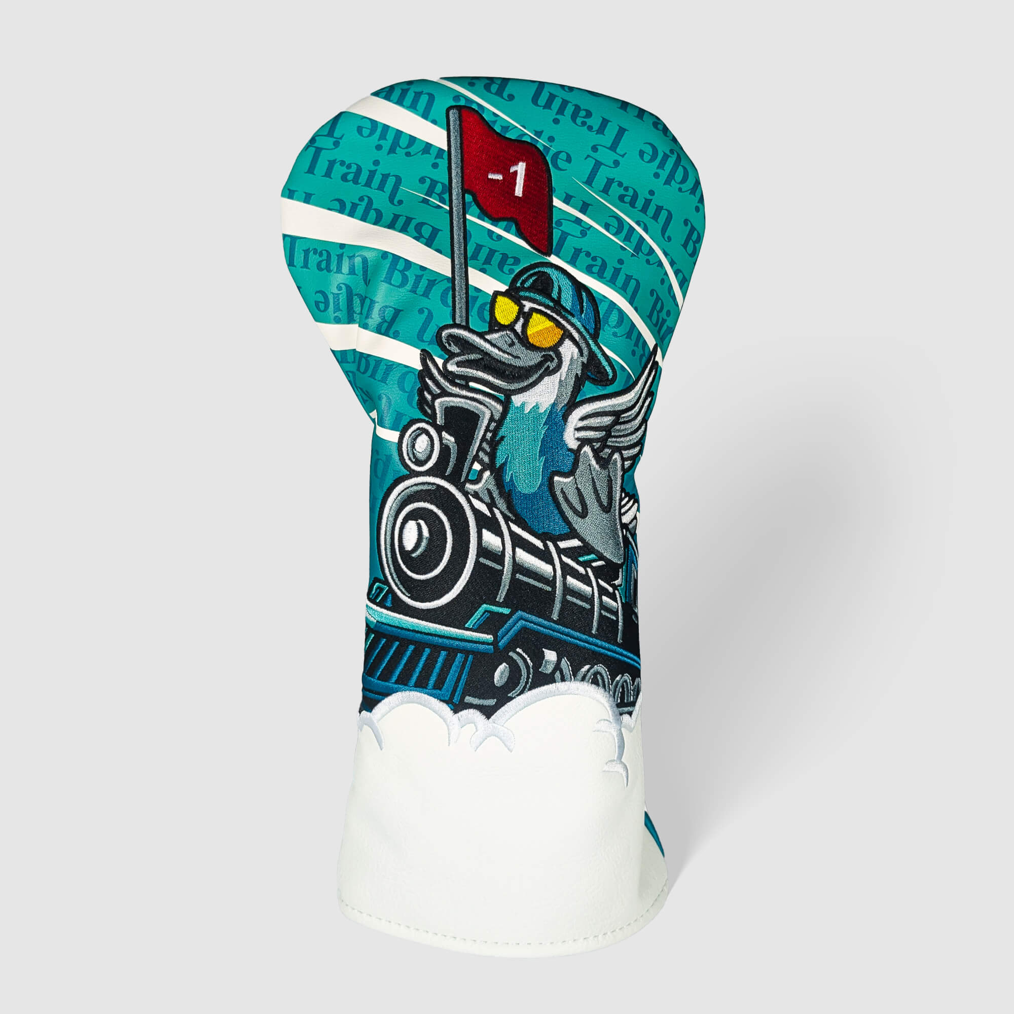 SINKING BIRDIES ドライバーカバー Birdie Train 2.0:列車と鳥の刺繍がある正面