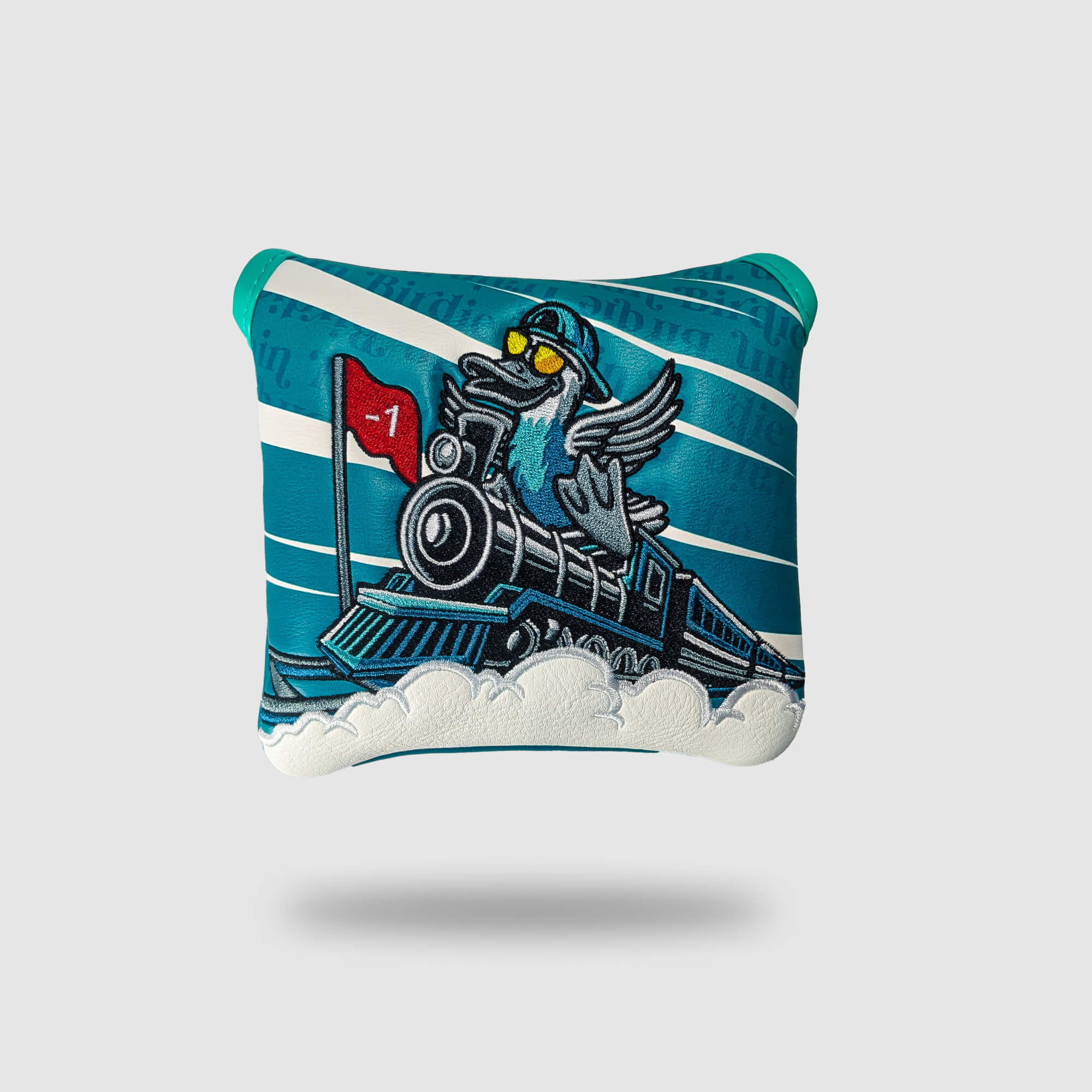 SINKING BIRDIES センターシャフトマレットパターカバー Birdie Train 2.0：列車と鳥の刺繍がある正面