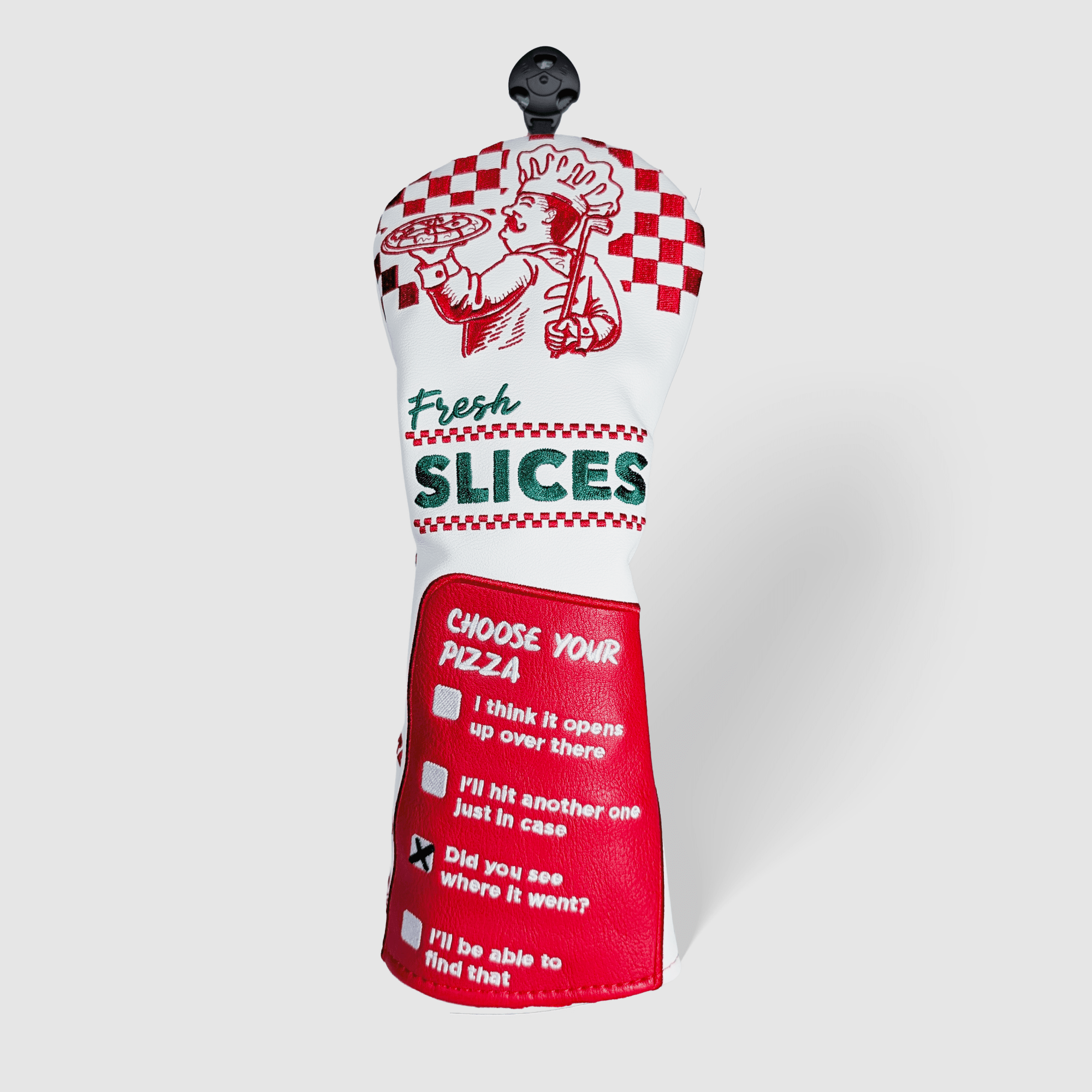 SINKING BIRDIES フェアウェイウッドカバー Fresh Slices：ピザと赤いチェックリストのデザイン