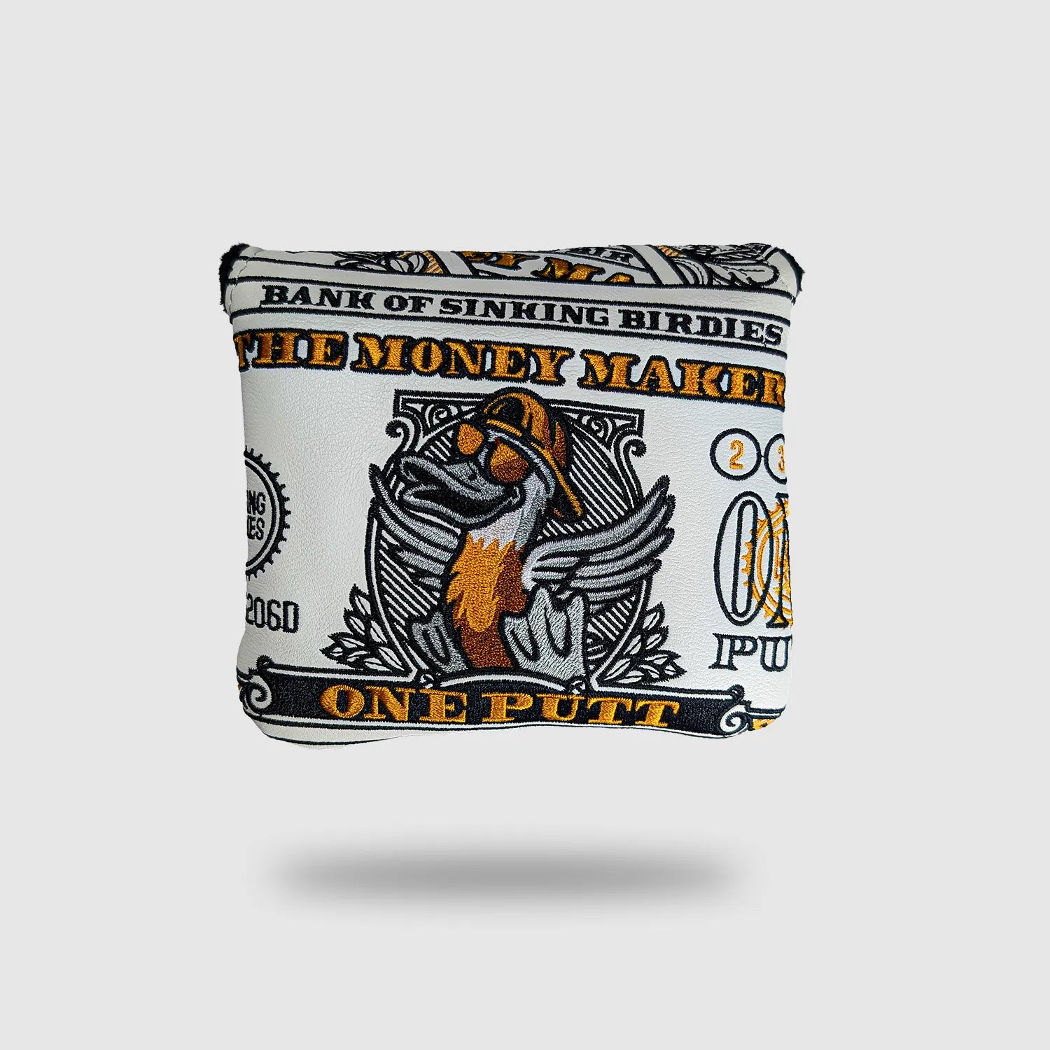 SINKING BIRDIES センターシャフトマレットパターカバー Money Maker：紙幣と鳥の刺繍がある正面