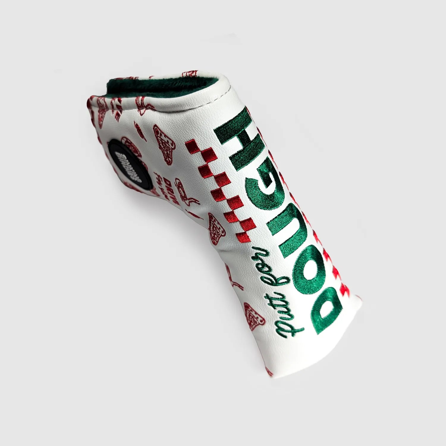 SINKING BIRDIES ブレードパターカバー Putt for Dough：文字とピザ柄が見える別角度